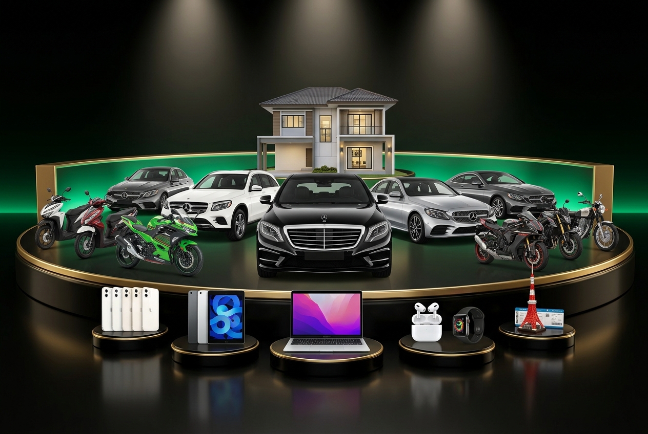Panggung hadiah BOOSTER: rumah di belakang, empat mobil Mercedes-Benz di tengah, deretan motor Honda Vario dan Kawasaki Ninja di kedua sisi, serta iPhone, iPad, MacBook, AirPods, Apple Watch, dan liburan ke Tokyo di barisan depan atas podium hitam dengan trim emas